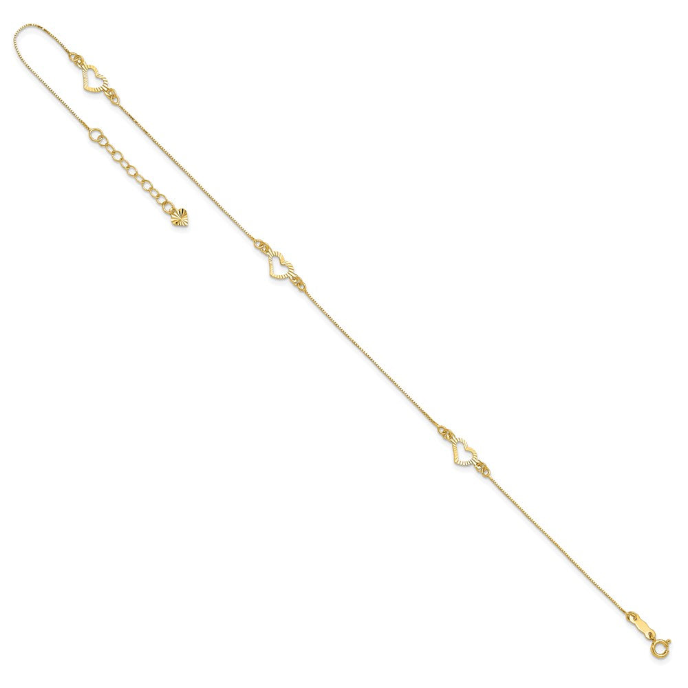 14k Diamond-cut Open Heart 3-Station 10 inch Plus 1 inch Extender - Total 11 inch Anklet