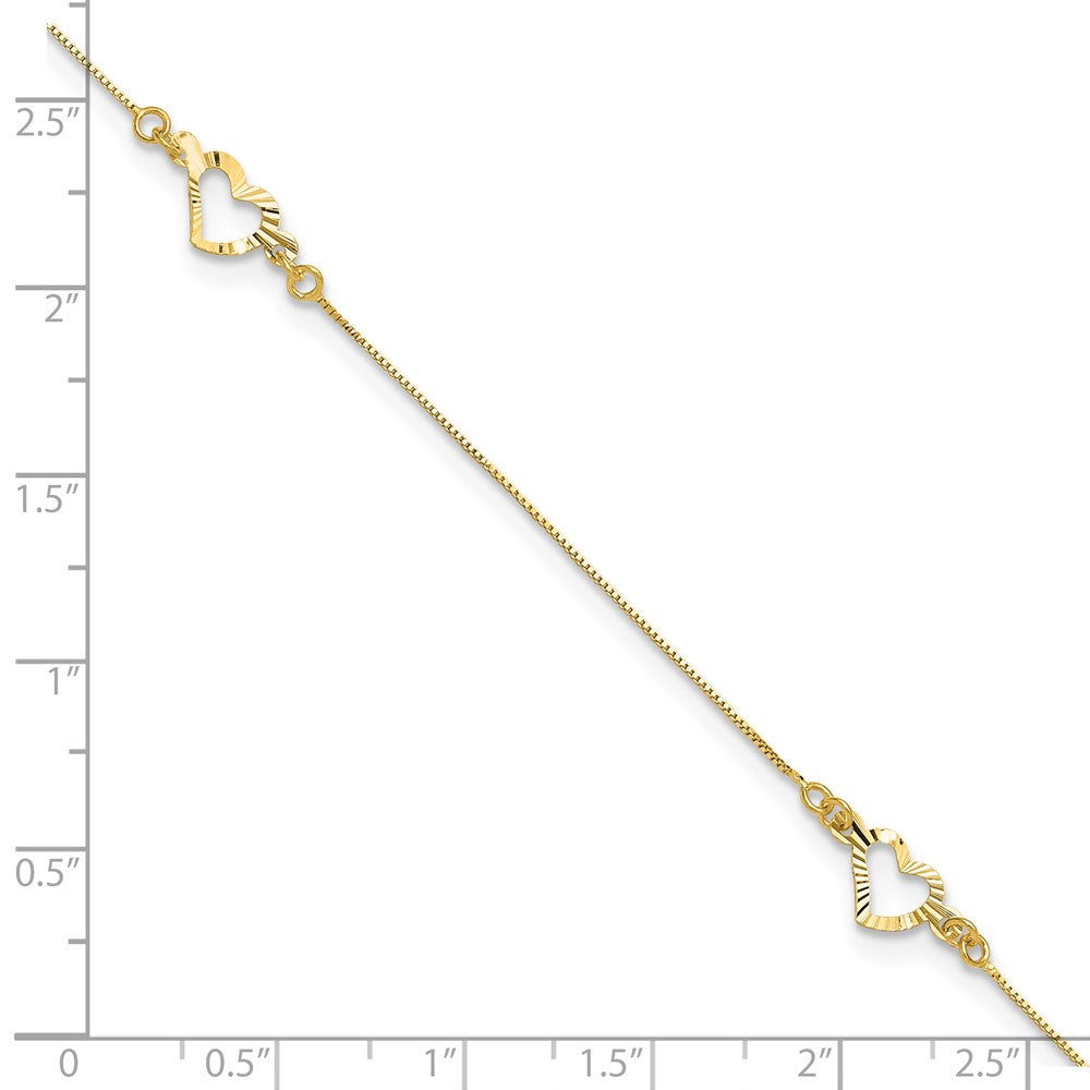 14k Diamond-cut Open Heart 3-Station 10 inch Plus 1 inch Extender - Total 11 inch Anklet
