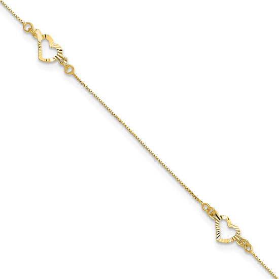 14k Diamond-cut Open Heart 3-Station 10 inch Plus 1 inch Extender - Total 11 inch Anklet