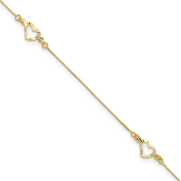 14k Diamond-cut Open Heart 3-Station 10 inch Plus 1 inch Extender - Total 11 inch Anklet