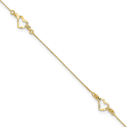 14k Diamond-cut Open Heart 3-Station 10 inch Plus 1 inch Extender - Total 11 inch Anklet