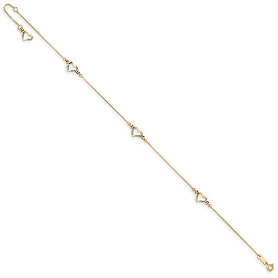 14k Diamond-cut Open Heart 3-Station 9 inch Plus 1 inch Extender - Total 10 inch Anklet