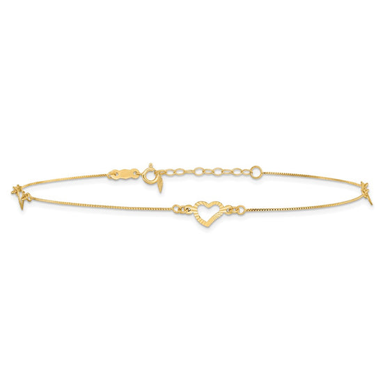 14k Diamond-cut Open Heart 3-Station 9 inch Plus 1 inch Extender - Total 10 inch Anklet