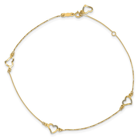 14k Diamond-cut Open Heart 3-Station 9 inch Plus 1 inch Extender - Total 10 inch Anklet