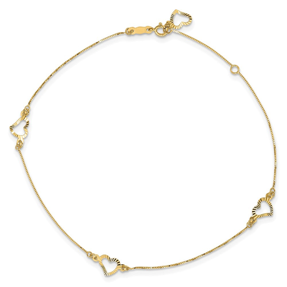 14k Diamond-cut Open Heart 3-Station 9 inch Plus 1 inch Extender - Total 10 inch Anklet