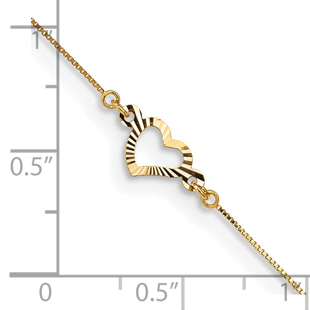 14k Diamond-cut Open Heart 3-Station 9 inch Plus 1 inch Extender - Total 10 inch Anklet