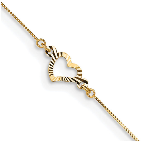 14k Diamond-cut Open Heart 3-Station 9 inch Plus 1 inch Extender - Total 10 inch Anklet