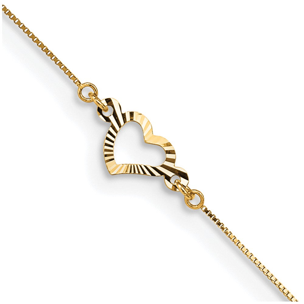 14k Diamond-cut Open Heart 3-Station 9 inch Plus 1 inch Extender - Total 10 inch Anklet