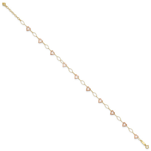 14k Two-tone Hammered Open Hearts and Oval Link 9 inch Plus 1 inch Extender Total 10 inch Anklet