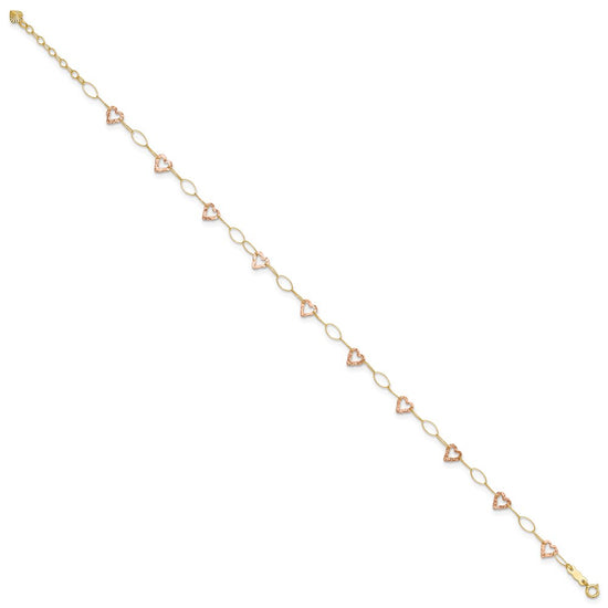 14k Two-tone Hammered Open Hearts and Oval Link 9 inch Plus 1 inch Extender - Total 10 inch Anklet