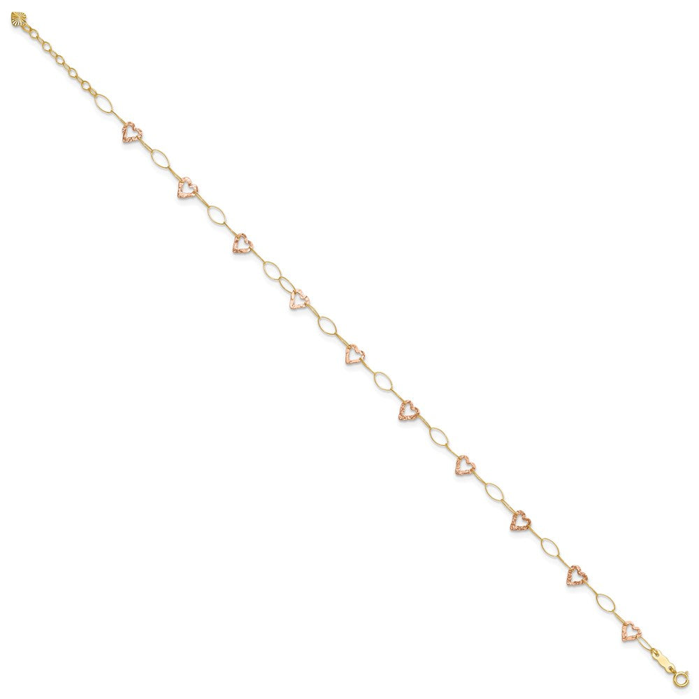 14k Two-tone Hammered Open Hearts and Oval Link 9 inch Plus 1 inch Extender - Total 10 inch Anklet