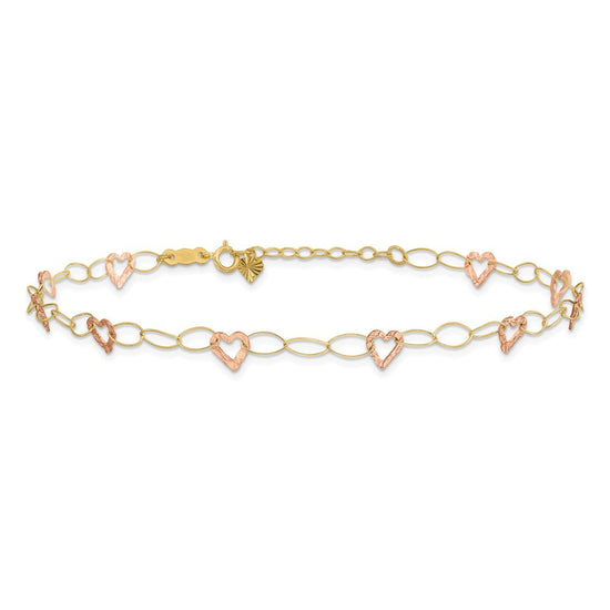 14k Two-tone Hammered Open Hearts and Oval Link 9 inch Plus 1 inch Extender Total 10 inch Anklet
