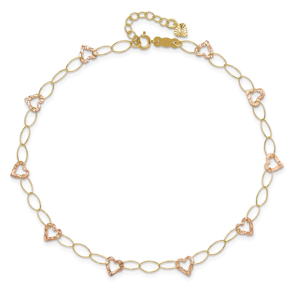 14k Two-tone Hammered Open Hearts and Oval Link 9 inch Plus 1 inch Extender Total 10 inch Anklet
