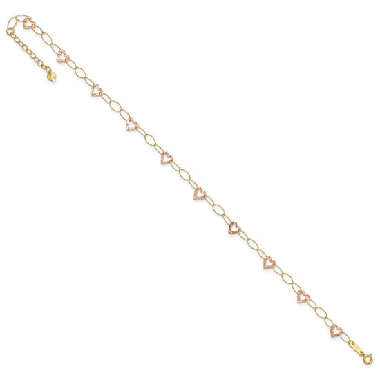 14k Two-tone Hammered Open Hearts and Oval Link 9 inch Plus 1 inch Extender Total 10 inch Anklet