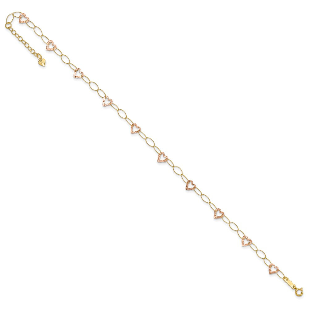 14k Two-tone Hammered Open Hearts and Oval Link 9 inch Plus 1 inch Extender Total 10 inch Anklet