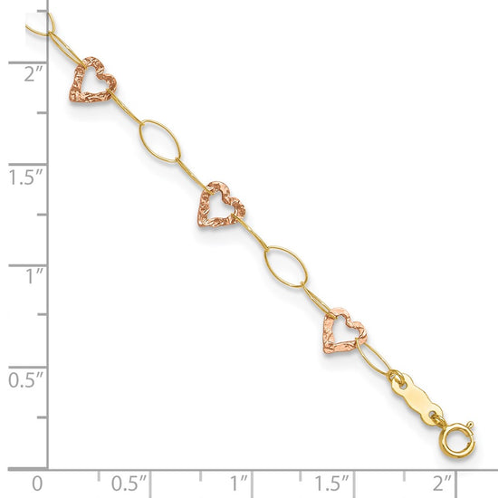14k Two-tone Hammered Open Hearts and Oval Link 9 inch Plus 1 inch Extender - Total 10 inch Anklet