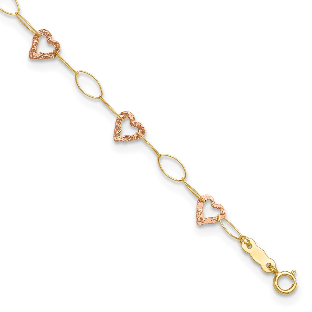 14k Two-tone Hammered Open Hearts and Oval Link 9 inch Plus 1 inch Extender Total 10 inch Anklet
