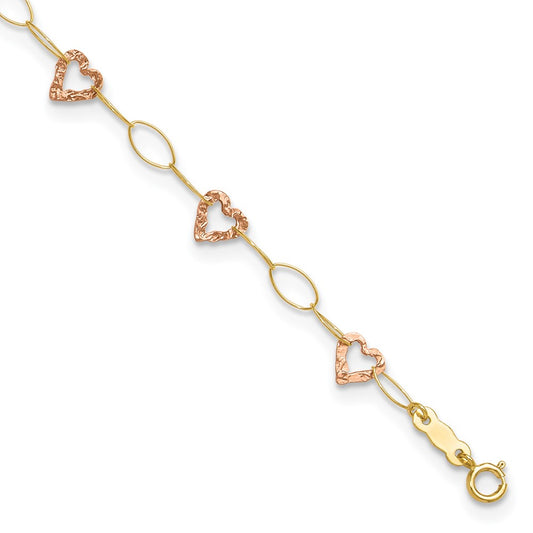 14k Two-tone Hammered Open Hearts and Oval Link 9 inch Plus 1 inch Extender Total 10 inch Anklet