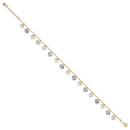 14K Tri-Color Dangle Hearts 9 inch Plus 1 inch Extender Total 10 inch Anklet