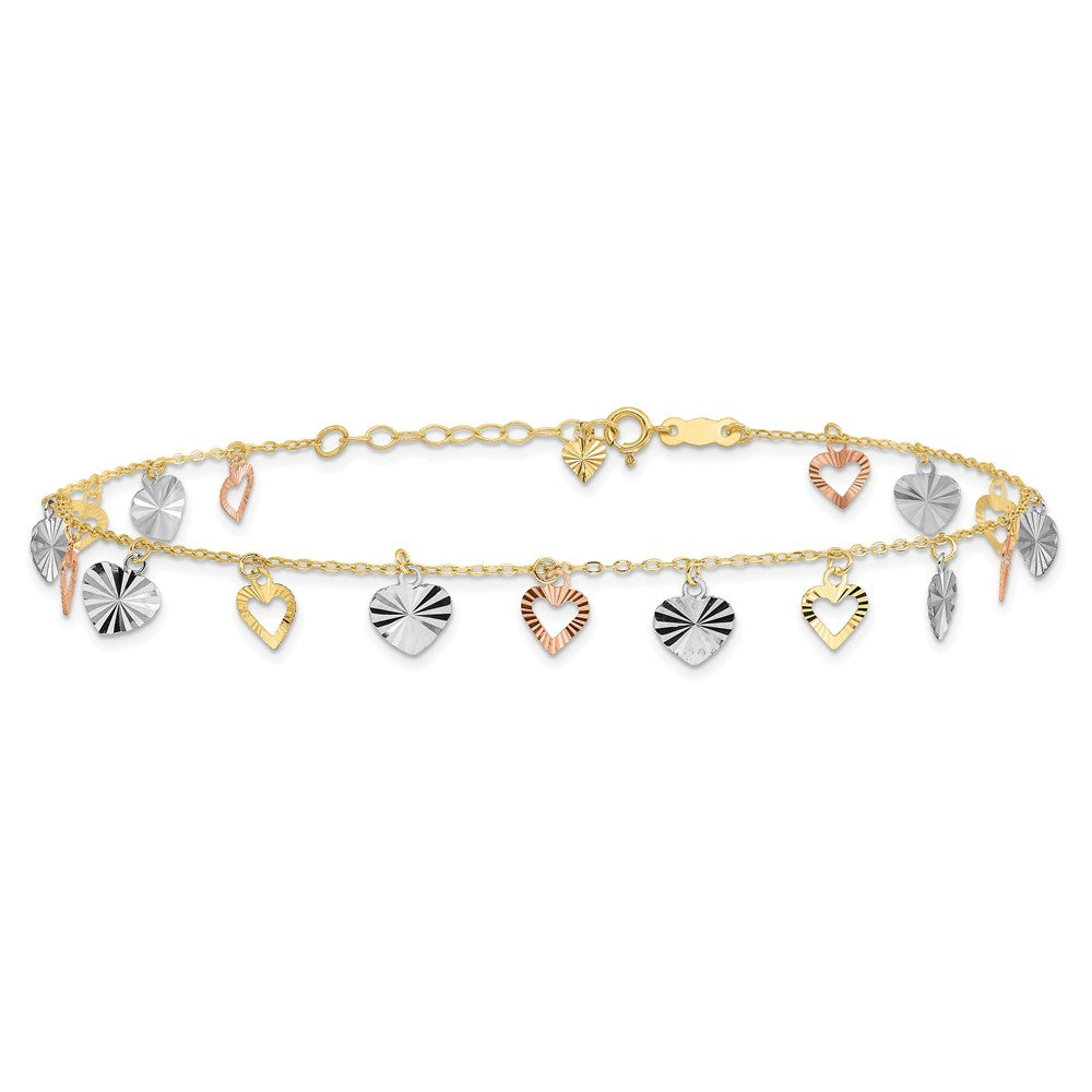 14K Tri-Color Dangle Hearts 9 inch Plus 1 inch Extender Total 10 inch Anklet