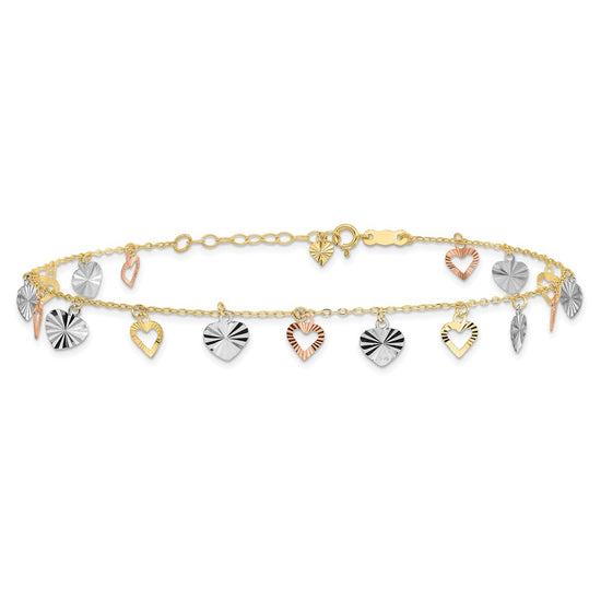 14K Tri-Color Dangle Hearts 9 inch Plus 1 inch Extender - Total 10 inch Anklet