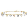14K Tri-Color Dangle Hearts 9 inch Plus 1 inch Extender - Total 10 inch Anklet