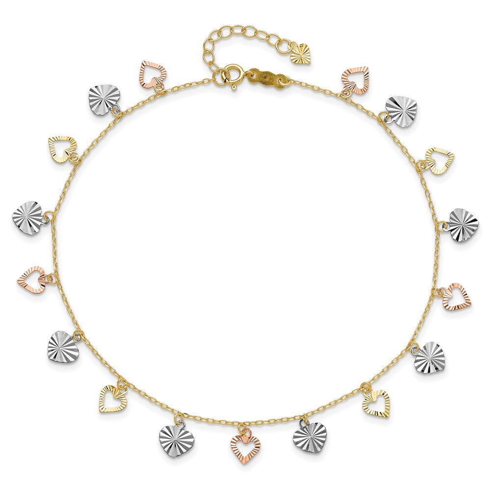 14K Tri-Color Dangle Hearts 9 inch Plus 1 inch Extender - Total 10 inch Anklet