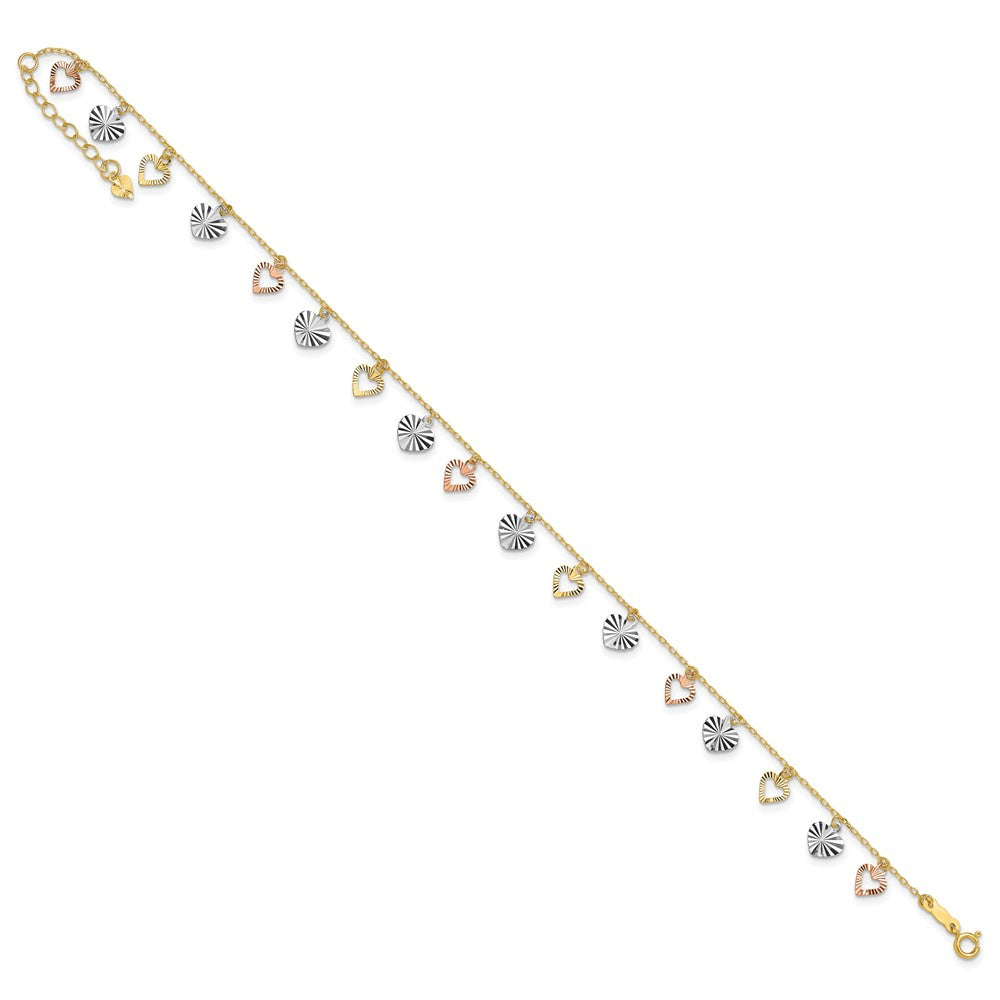 14K Tri-Color Dangle Hearts 9 inch Plus 1 inch Extender Total 10 inch Anklet