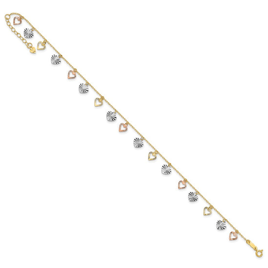 14K Tri-Color Dangle Hearts 9 inch Plus 1 inch Extender - Total 10 inch Anklet