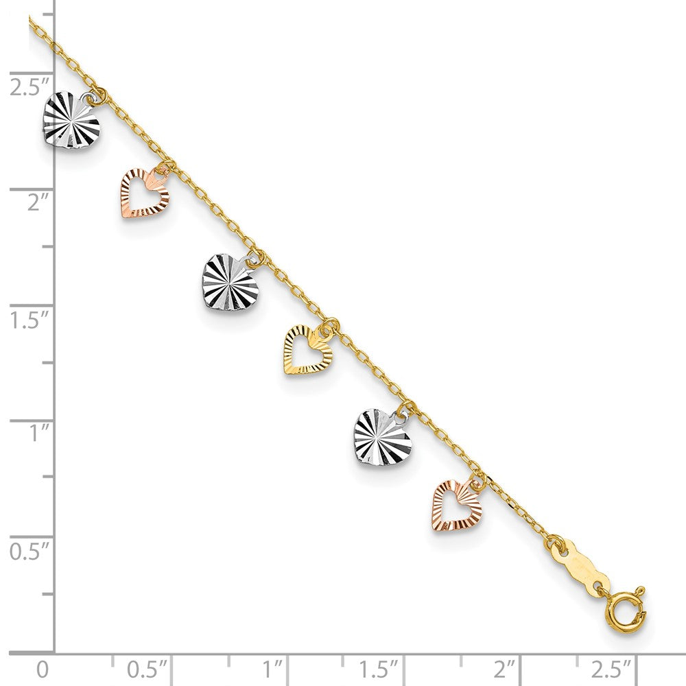 14K Tri-Color Dangle Hearts 9 inch Plus 1 inch Extender Total 10 inch Anklet