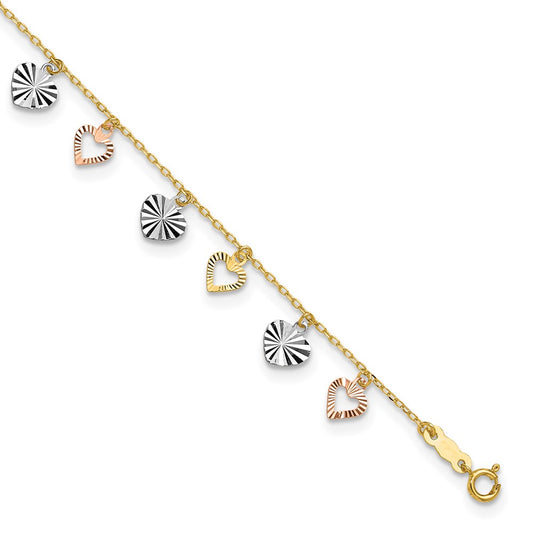 14K Tri-Color Dangle Hearts 9 inch Plus 1 inch Extender Total 10 inch Anklet
