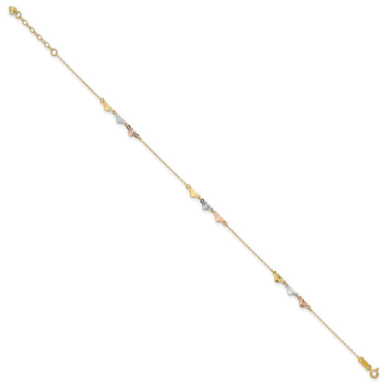 14K Tri-Color Diamond-cut Hearts 9 inch Plus 1 inch Extender - Total 10 inch Anklet