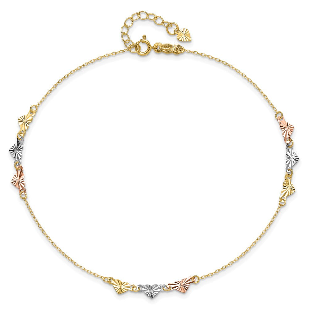 14K Tri-Color Diamond-cut Hearts 9 inch Plus 1 inch Extender - Total 10 inch Anklet