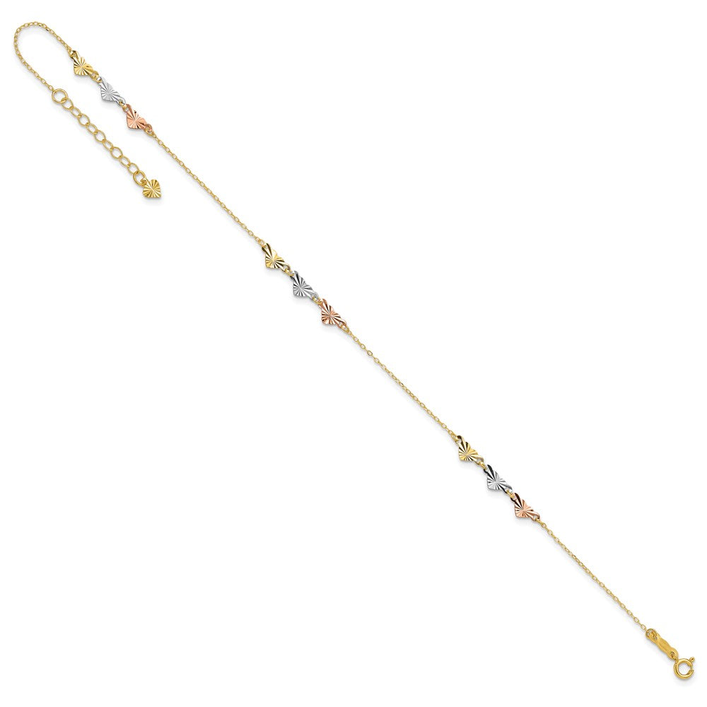 14K Tri-Color Diamond-cut Hearts 9 inch Plus 1 inch Extender - Total 10 inch Anklet