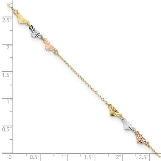 14K Tri-Color Diamond-cut Hearts 9 inch Plus 1 inch Extender - Total 10 inch Anklet