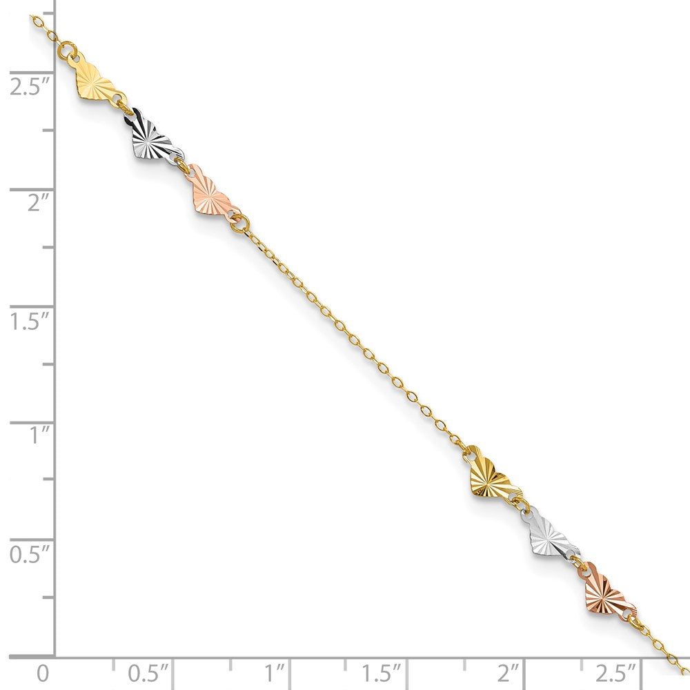 14K Tri-Color Diamond-cut Hearts 9 inch Plus 1 inch Extender - Total 10 inch Anklet