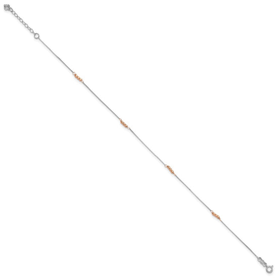 14K Two-Tone Mirror Beaded 4-Station 9 inch Plus 1 inch Extender Total 10 inch Anklet