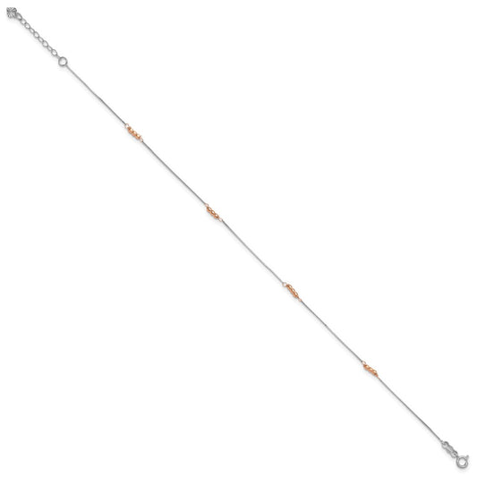 14K Two-Tone Mirror Beaded 4-Station 9 inch Plus 1 inch Extender Total 10 inch Anklet