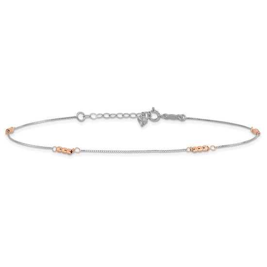 14K Two-Tone Mirror Beaded 4-Station 9 inch Plus 1 inch Extender Total 10 inch Anklet