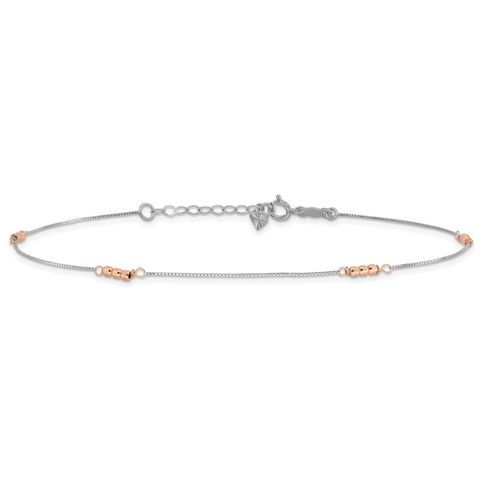 14K Two-Tone Mirror Beaded 4-Station 9 inch Plus 1 inch Extender Total 10 inch Anklet
