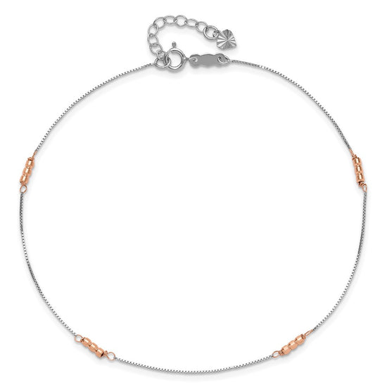14K Two-Tone Mirror Beaded 4-Station 9 inch Plus 1 inch Extender Total 10 inch Anklet