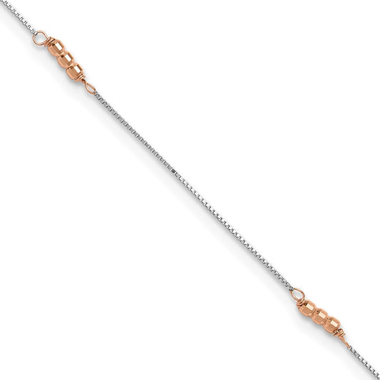 14K Two-Tone Mirror Beaded 4-Station 9 inch Plus 1 inch Extender Total 10 inch Anklet