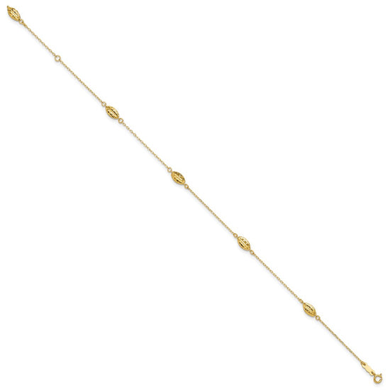 14k Diamond-cut Rice Puff Beads 4-Station 9 inch Plus 1 inch Extender - Total 10 inch Anklet