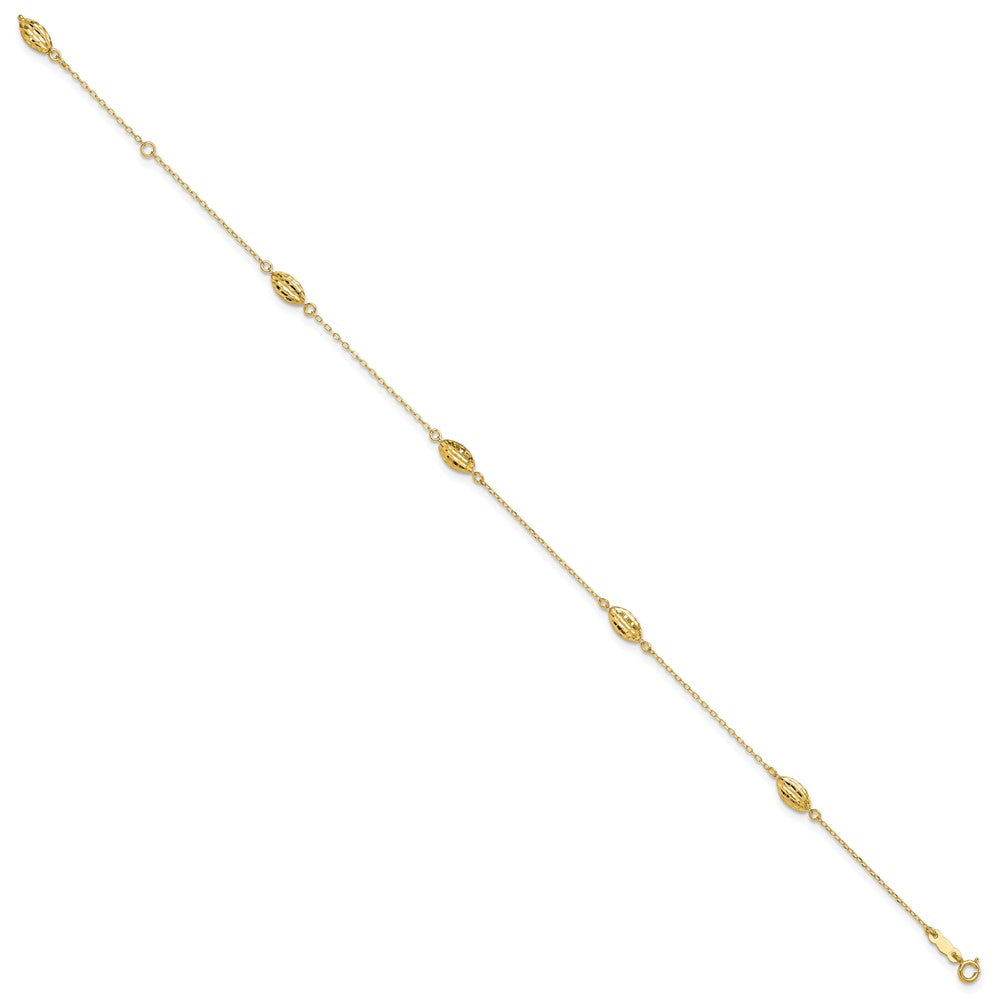 14k Diamond-cut Rice Puff Beads 4-Station 9 inch Plus 1 inch Extender - Total 10 inch Anklet