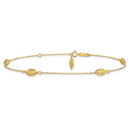 14k Diamond-cut Rice Puff Beads 4-Station 9 inch Plus 1 inch Extender - Total 10 inch Anklet