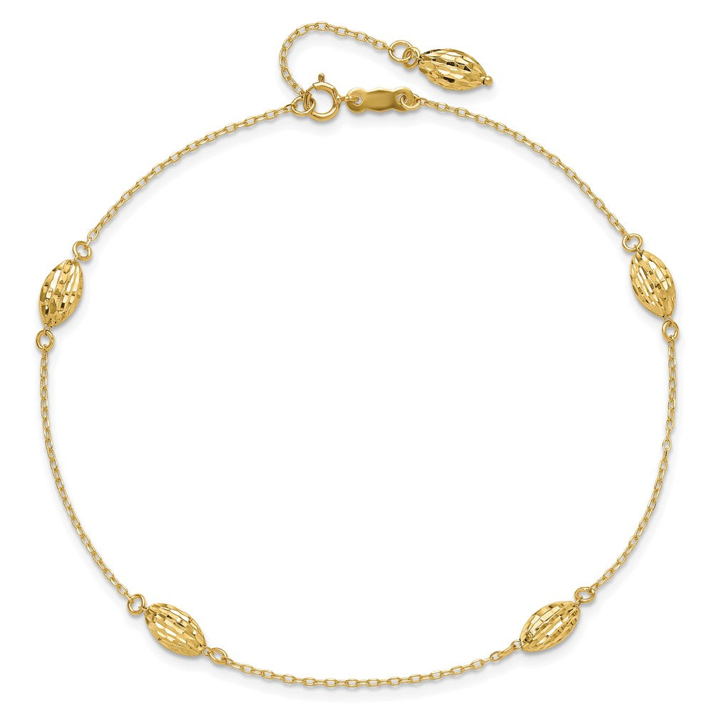 14k Diamond-cut Rice Puff Beads 4-Station 9 inch Plus 1 inch Extender - Total 10 inch Anklet
