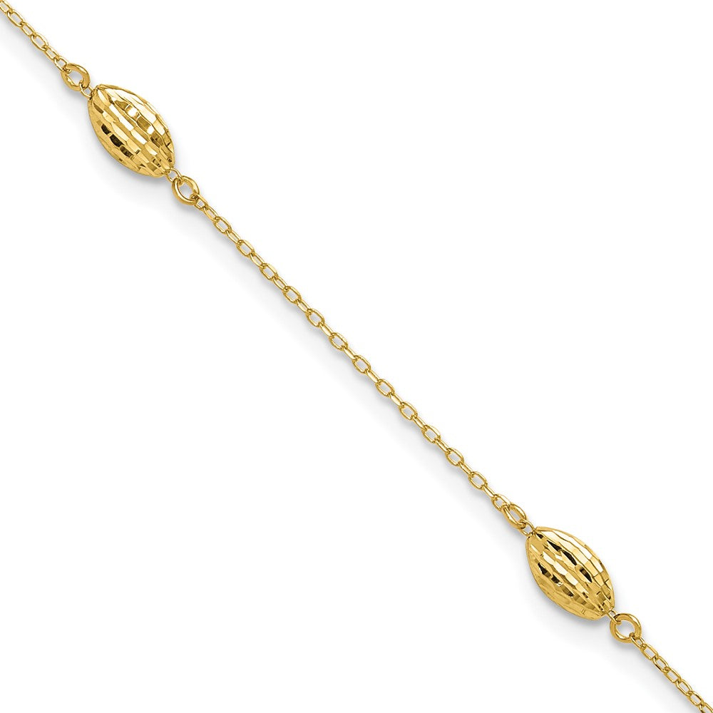 14k Diamond-cut Rice Puff Beads 4-Station 9 inch Plus 1 inch Extender - Total 10 inch Anklet