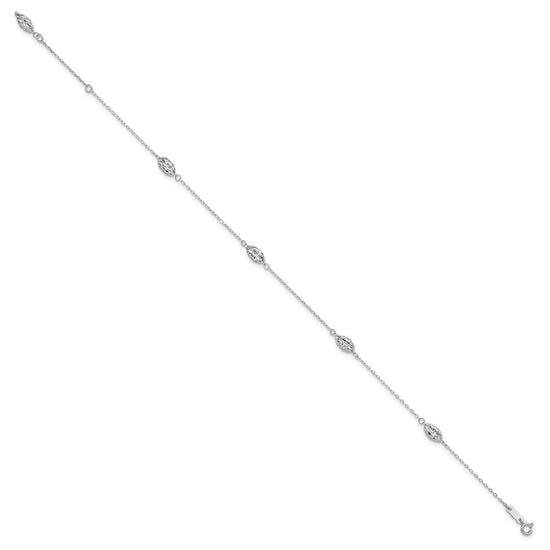14k White Gold Diamond-cut Rice Puff Beads 4-Station 10 inch Plus 1 inch Extender - Total 11 inch Anklet