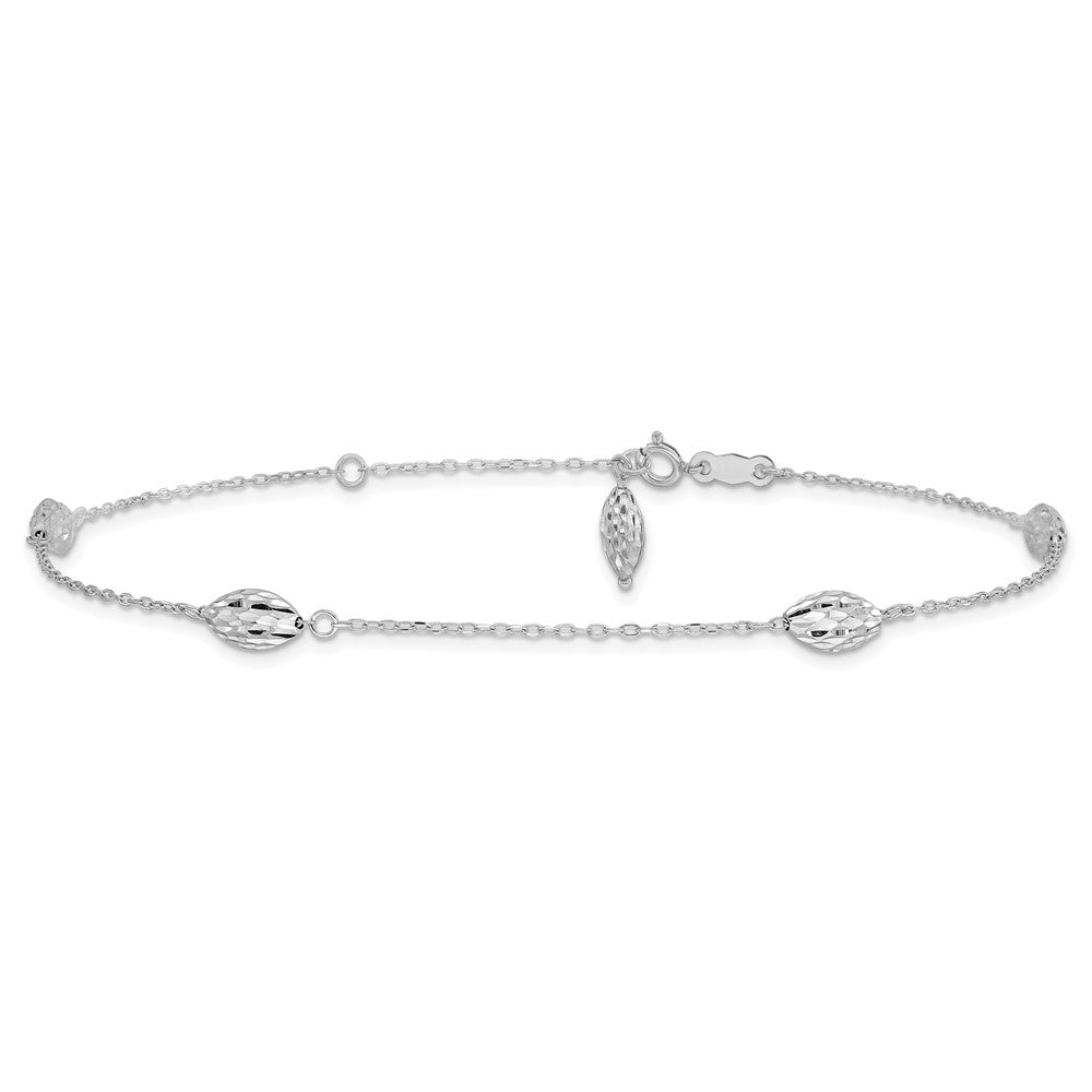 14k White Gold Diamond-cut Rice Puff Beads 4-Station 10 inch Plus 1 inch Extender - Total 11 inch Anklet