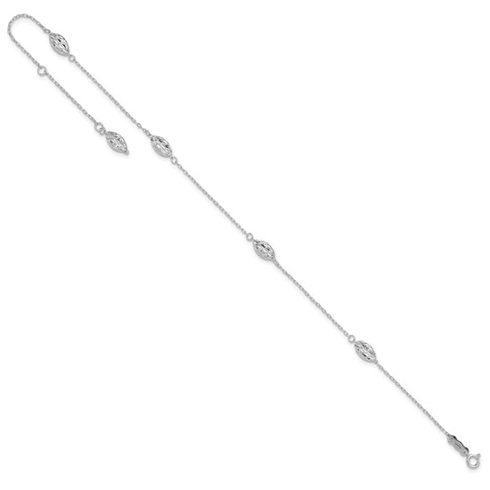 14k White Gold Diamond-cut Rice Puff Beads 4-Station 10 inch Plus 1 inch Extender - Total 11 inch Anklet